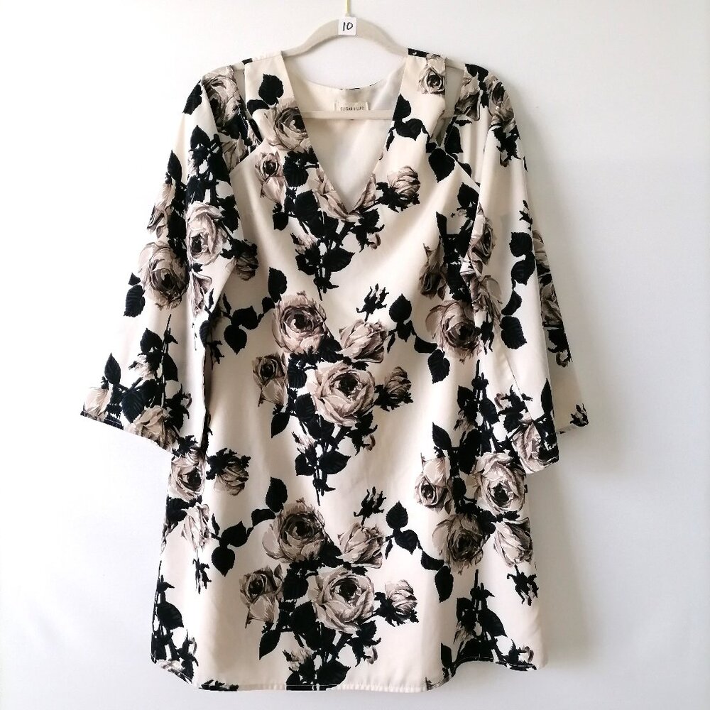 Sugar + Lips Womens Pale Pink V-Neck Cold Shoulder Floral Midi Dress Size L
